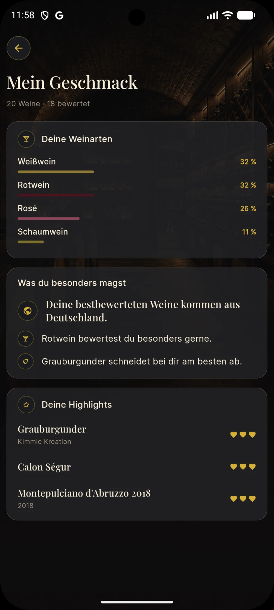 ViMento-Auswertung „Mein Geschmack“ mit Weinarten, Vorlieben und Highlights