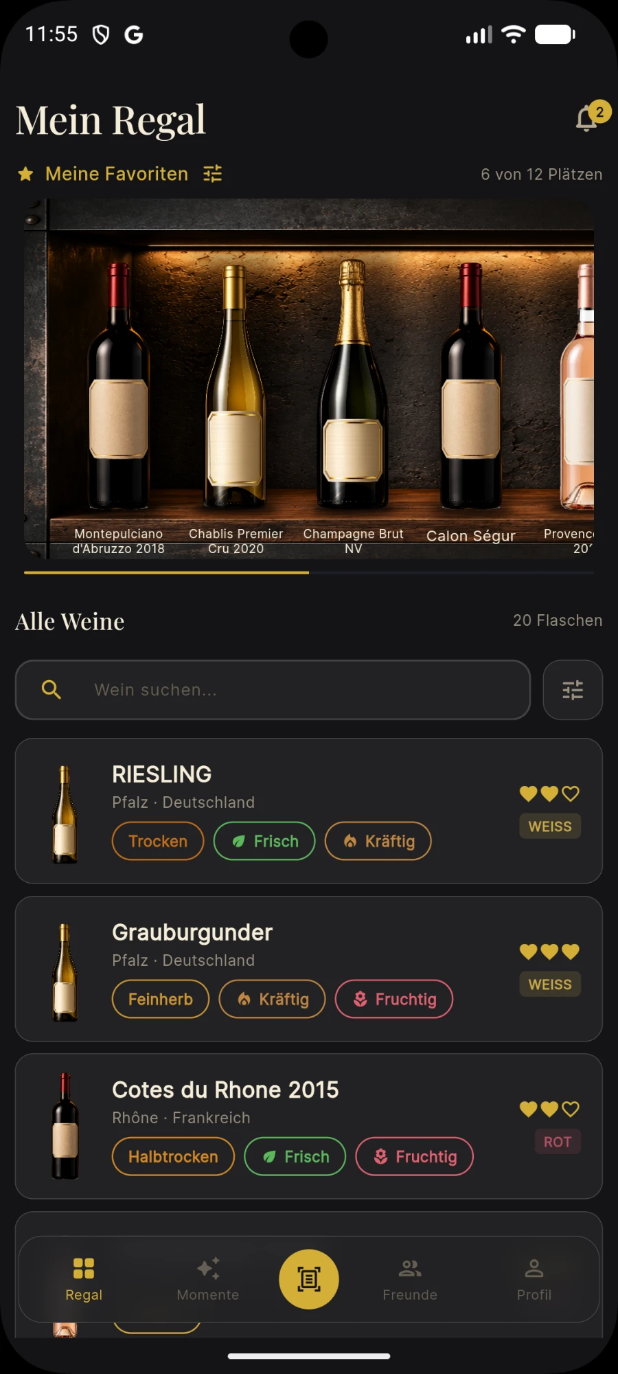 ViMento-Screen „Mein Regal“ mit Favoriten im Weinregal und der persönlichen Weinliste